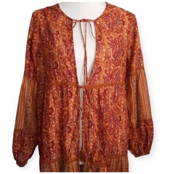 CHELSEA & VIOLET PAISLY ORANGE DUSTER SZ.S EUC. TASSEL TIES. - Picture 3 of 9